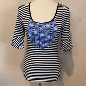 Anthropologie Little Yellow Button Striped Mixed Media Top S Plaid Puff Sleeve